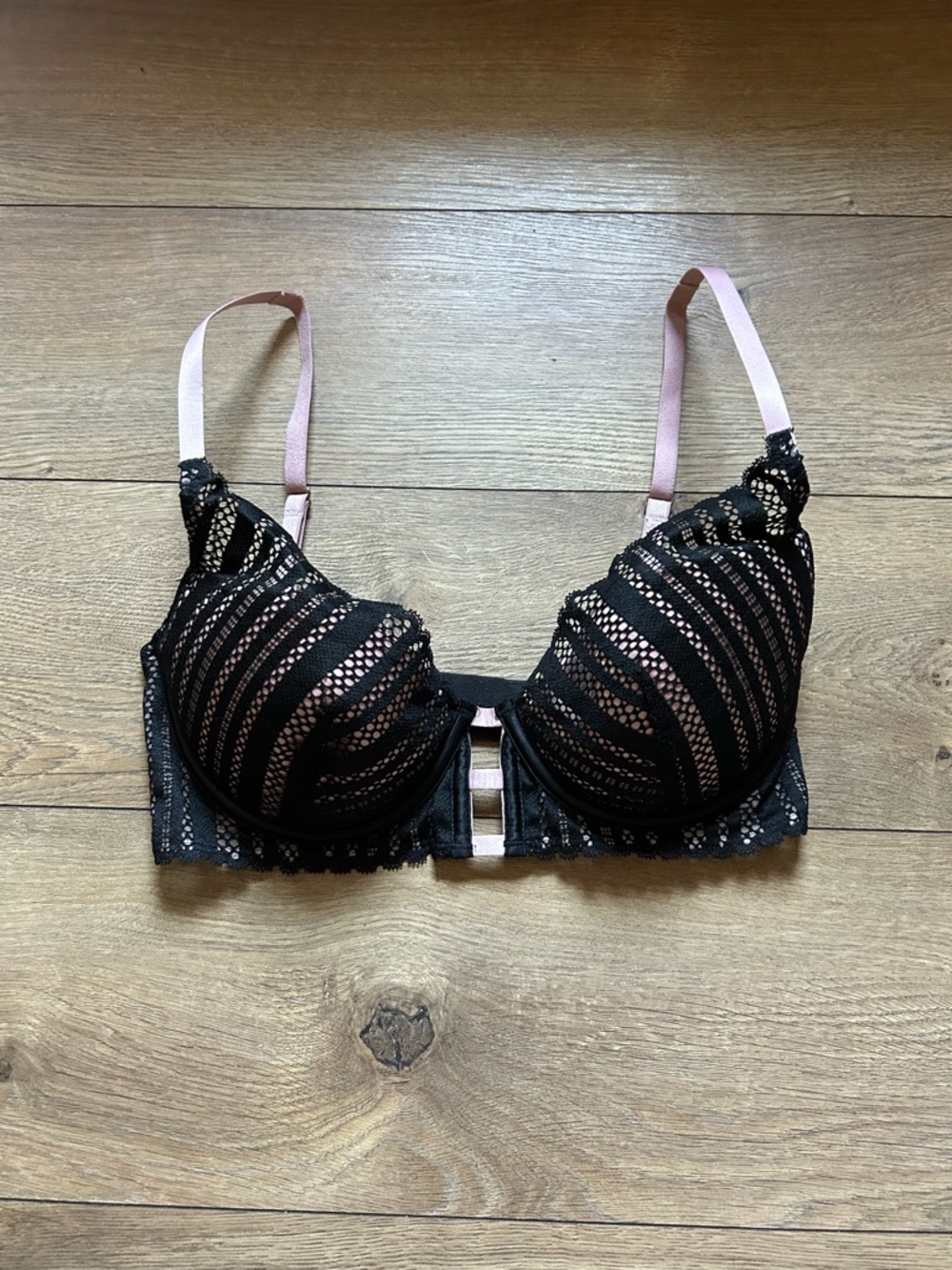 Victoria's Secret Black Lace Lined Plunge Bra with Pink Straps
